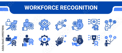 Workforce Recognition Icon Collection,  featuring Best employee, Recognition, Award, Praise, Incentive, Reward, Employee benefits.