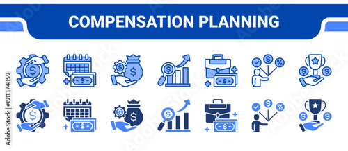 Compensation Planning Icon Collection,  featuring Compensation, Pay day, Incentive, Financial analysis, Business income, Employee benefits, Prize.