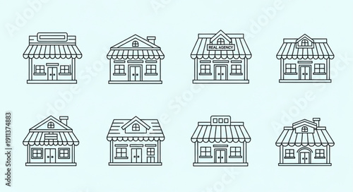 Collection of eight simple line drawings of storefronts.