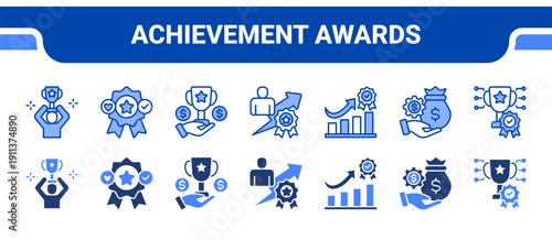 Achievement Awards Icon Collection,  featuring Achievement, Award, Prize, Best employee, Performance award, Incentive, Reward.
