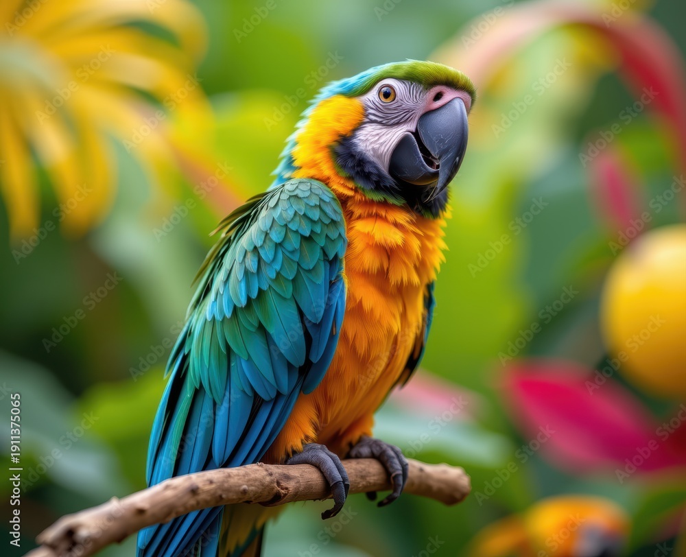 Obraz premium Colorful macaw parrot perched on a branch with a vibrant natural background.