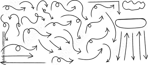 A collection of hand drawn black arrows and curved lines varying in size and direction scattered across a white background high quality professional