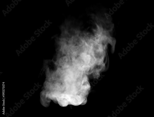 Bild auf Leinwand Vertical white smoke plume isolated on black background, realistic vapor or steam effect texture for design overlay, dramatic mist atmosphere, pollution concept and abstract fog element