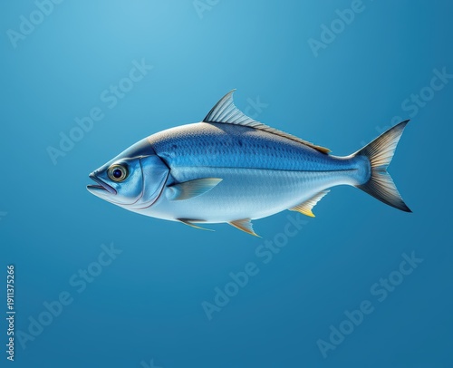 Illustration of a blue fish with detailed fins and scales on a blue background.