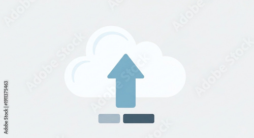 Cloud computing concept with blue arrow uploading data to white cloud storage icon on light background