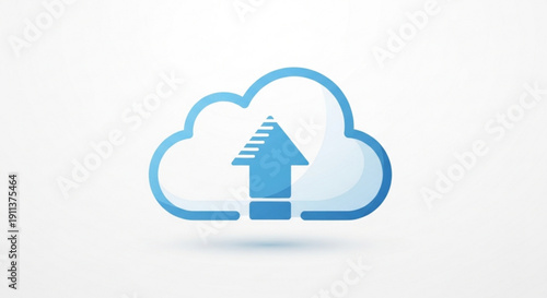 Cloud icon with blue arrow pointing up for data storage and upload on a white background