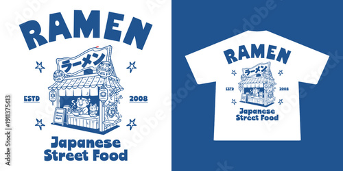 Cute Japanese ramen street food stall illustration featuring a traditional yatai booth with kawaii cartoon characters. Clean blue line art style with retro and minimal look, perfect for t-shirt prints