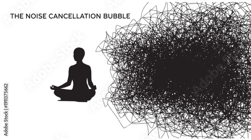 A serene person meditates amidst a chaotic noise cancellation bubble, conveying peace and tranquility in a complex environment