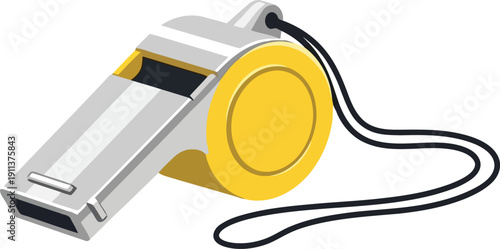 A yellow and silver whistle with a black cord