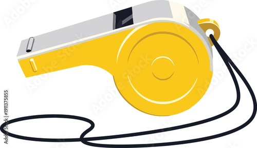 A yellow and silver whistle with a black cord