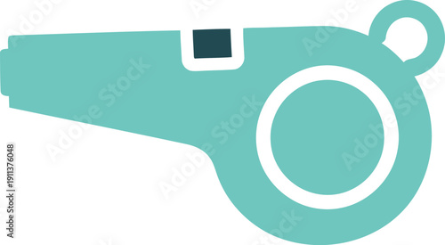 A teal colored whistle on a white background