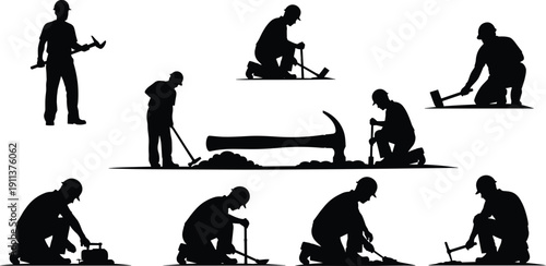 Construction Workers Silhouette Set Showing Manual Labor, Tools, Digging, and Repair Activities in Black Vector Style