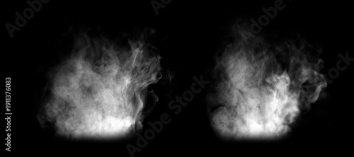 Canvastavla Vertical white smoke plume isolated on black background, realistic vapor or steam effect texture for design overlay, dramatic mist atmosphere, pollution concept and abstract fog element