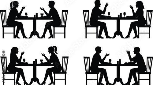 Couple Dining and Talking Silhouette Set Showing Romantic Dinner Conversations at Restaurant Table in Dating and Relationship Concept Illustration