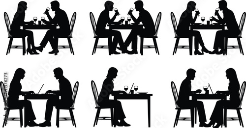 Couple dining together silhouette set showing romantic dinner, conversation, and dating moments in restaurant atmosphere