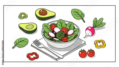 Fresh comic-style salad bowl with avocado, spinach, and radish