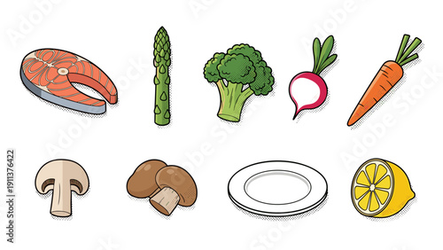 Retro comic food set: fresh vegetables, salmon, and kitchen essentials