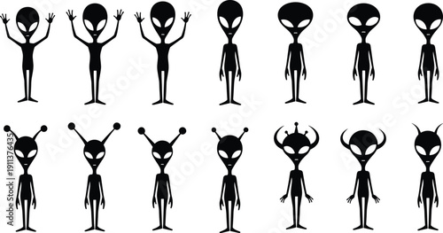 Cute alien character silhouette collection featuring different poses, antenna styles, and expressions for sci-fi cartoon illustration design