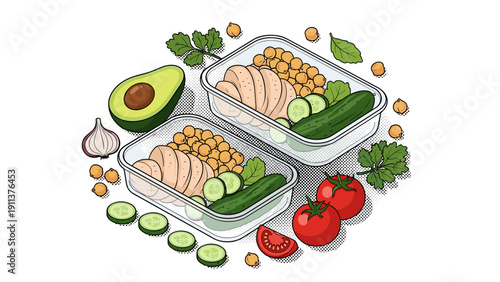 Fresh meal prep: healthy chicken and chickpea bowls with avocado and