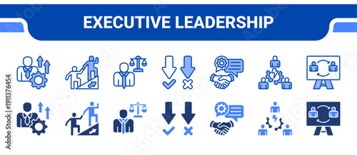 Executive Leadership Icon Collection,  featuring Executive, Leadership, Ethical leadership, Decision, Negotiation skills, Conflict management, Board.