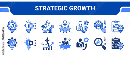 Strategic Growth Icon Collection,  featuring Strategic, Innovation, Leadership development, Talent, High potential, Competency, Development plan.