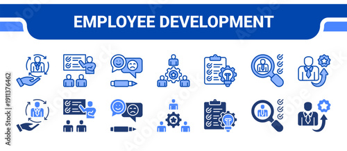 Employee Development Icon Collection,  featuring Employee, Mentorship, Feedback, Talent management, Development plan, Competency, High potential.