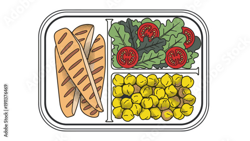 Colorful lunchbox with bread, salad, and chickpeas in pop art style