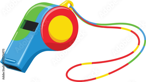 A blue, green, and yellow whistle with a colorful cord