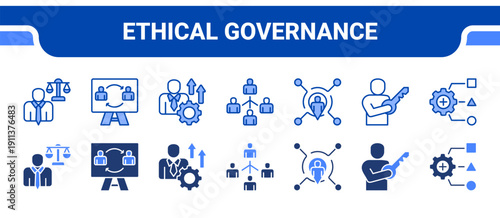 Ethical Governance Icon Collection,  featuring Ethical leadership, Board, Executive, Organization chart, Internal, Positions, Resource allocation.