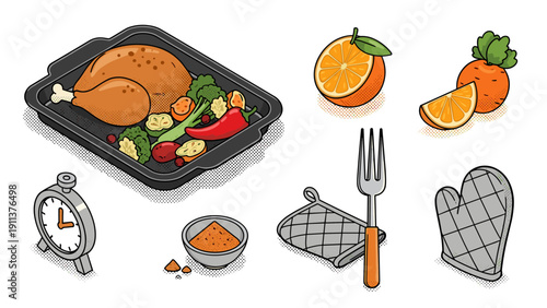 Isometric cooking set with roast chicken, fruits, and kitchen