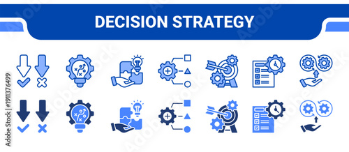 Decision Strategy Icon Collection,  featuring Decision, Strategic, Problem solving, Resource allocation, Goal setting, Time management, Continuous improvement.