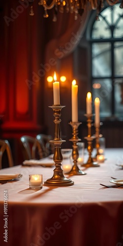 Wallpaper Mural Dusty rose tablecloth, patinaed brass candlesticks bathed in amber light, a hushed tableau of anticipation,  heirloom,  timeless elegance Torontodigital.ca