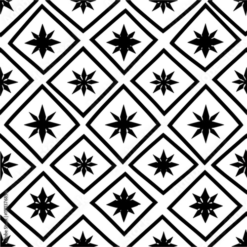 Black and white seamless pattern featuring stars inside diamond shapes arranged in a repeating grid layout