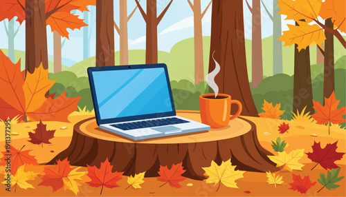 Laptop on Tree Stump with Coffee.