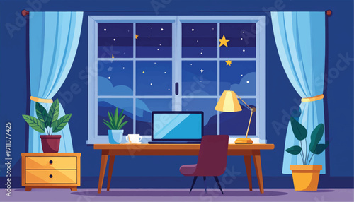 Modern Home Office Workspace with Computer and Plants.