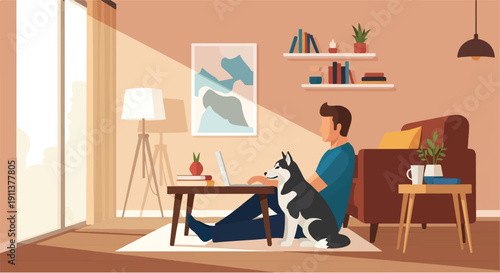 Man and dog enjoying a cozy home environment, working on a laptop with sunlight streaming in