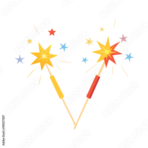 Celebration illustration of two burning sparklers with vibrant, colorful star-shaped sparks, isolated on a white background.

