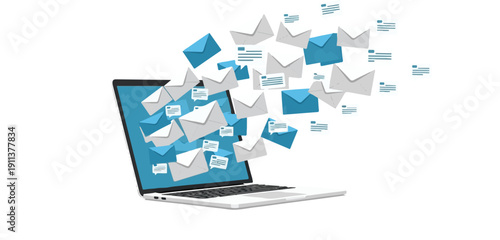 Dynamic Digital Communication Emails Ejecting from Laptop Screen, Illustrating Online Messaging, Information Flow, and Modern Connectivity