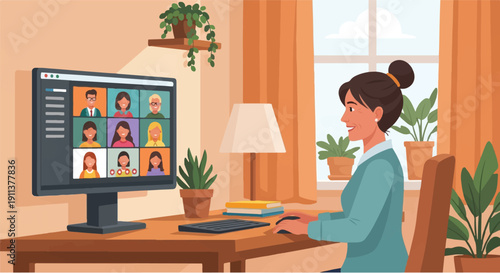 Young woman using computer for video conference with colleagues and friends at home office during day