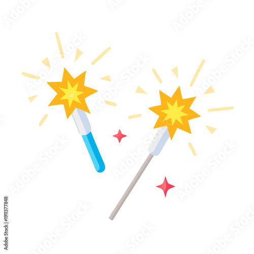 Celebration illustration of two burning sparklers with vibrant, colorful star-shaped sparks, isolated on a white background.

