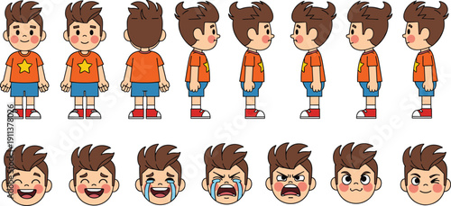Cute Cartoon Boy Character Sheet with Front, Side, Back Views and Multiple Facial Expressions Set
