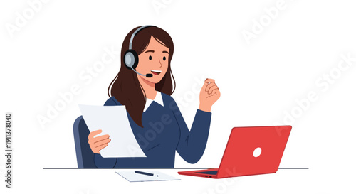 Professional woman in a headset providing excellent customer support, engaging in virtual communication, and assisting clients online with a laptop