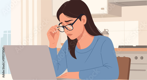 Young woman with glasses experiencing eye strain and fatigue from prolonged laptop use, highlighting the impact of remote work and excessive screen time at home