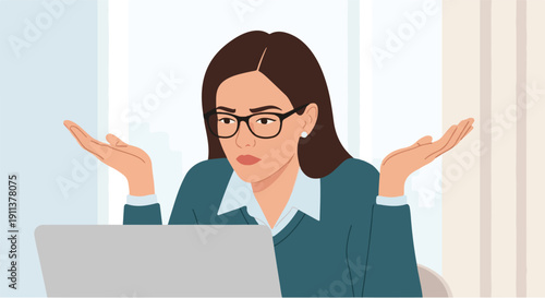 Frustrated businesswoman with glasses looking at her laptop and shrugging her shoulders in confusion and disbelief
