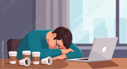 Stressed and fatigued professional sleeping on his desk next to his laptop and empty coffee cups, illustrating the mental and physical toll of long hours and workplace exhaustion
