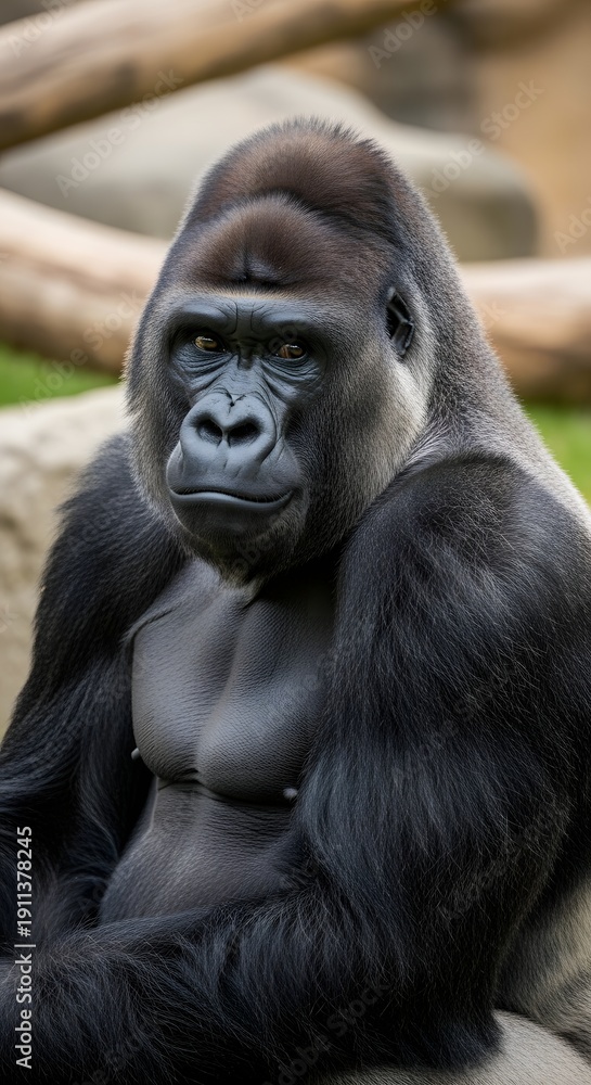 Obraz premium Photorealistic adult western lowland gorilla in captivity, close up portrait showing intelligence and strength with sharp facial detail and soft bokeh background, professional editorial wildlife