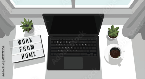 Work From Home setup with laptop, plants, and coffee by the window