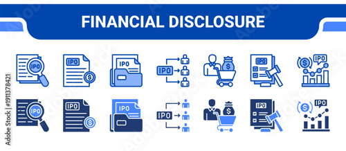 Financial Disclosure Icon Collection,  featuring Disclosure, Prospectus, Filing, Public, Investor, Regulations, Stock exchange.
