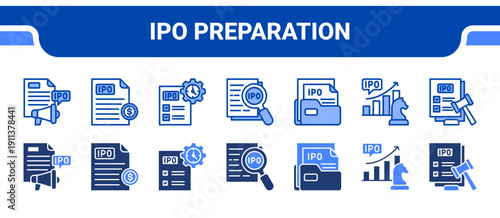IPO Preparation Icon Collection,  featuring IPO, Prospectus, Preparation, Disclosure, Filing, Strategy, Regulations.