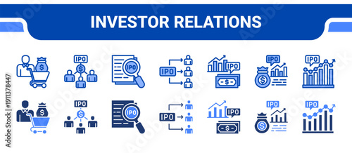 Investor Relations Icon Collection,  featuring Investor, Shareholders, Disclosure, Public, Equity, Market cap, Stock market.
